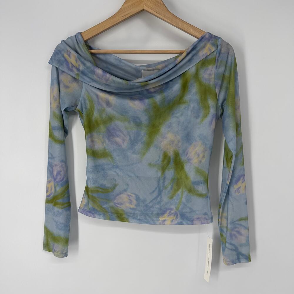 REFORMATION Elio Knit Top Floral Off The Shoulder Sheer Mesh Long Sleeve Blouse - Picture 5 of 10